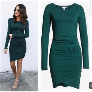 NWT Leith Long sleeved ruched hunter green dress